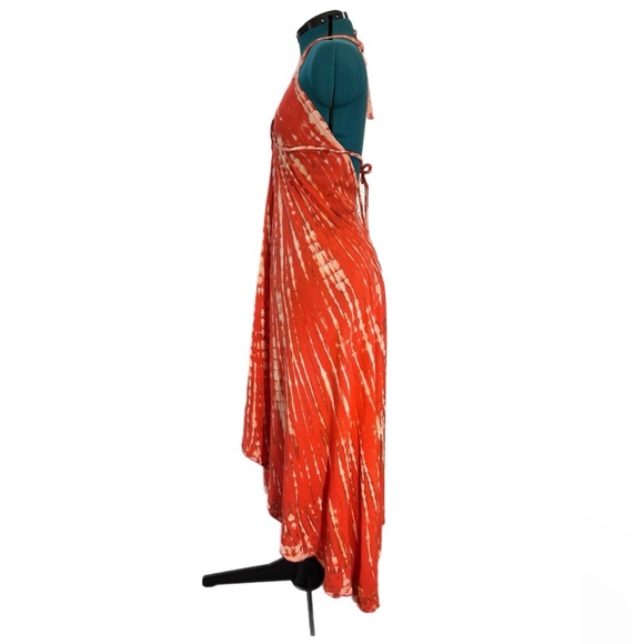 Orange tie dye high low maxi dress for festival with adjustable halter straps - Picture 2 of 7